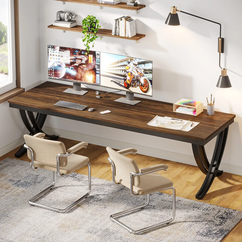 Grand Bureau Double Poste de Travail 200 cm Style Industriel Marron