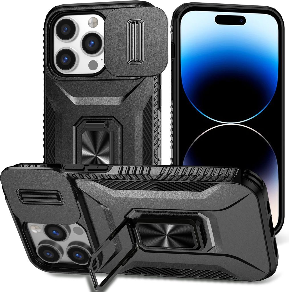 Handyhülle für iPhone 13 Pro Max Dual Layer Hülle mit Schiebe Kamera Schutz und Ringhalter Ständer Schwarz