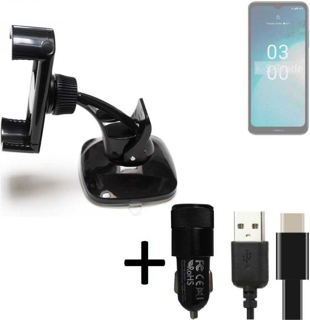 K-S-Trade Handy-Halterung kompatibel mit Nokia C300 Windschutzscheibe / Armaturenbrett + LADEGERÄT mit Mico USB Kabel Autohalterung