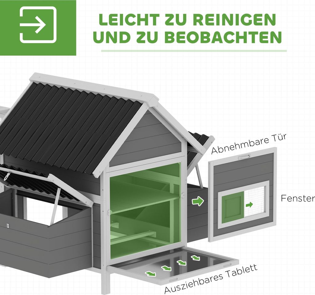 PawHut Hühnerstall 283x133,5x112 Cm – Für 7–10 Hühner, Mit Auslauf, Schaukel, Sitzstangen & Nistkästen
