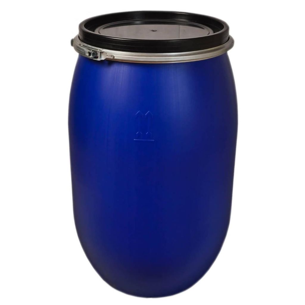 A blue barrel with a black lid and a metal clamp.