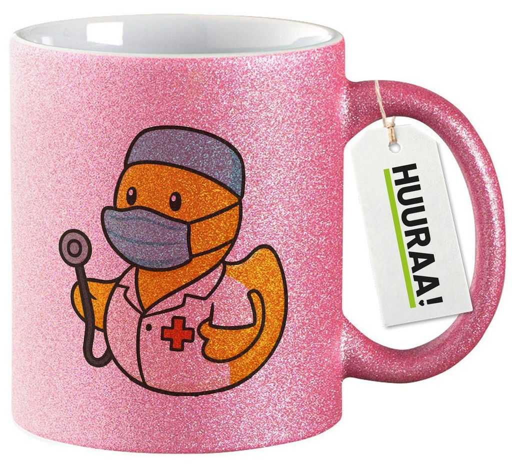 Huuraa Glitzertasse Quietscheente Medizin Comic Gummiente 330ml Pink Keramik Kaffeebecher Geschenkidee