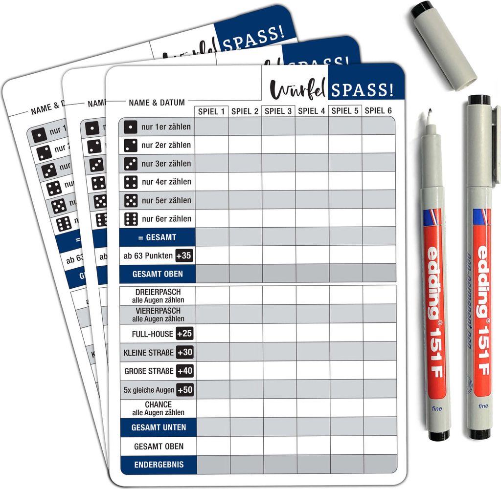 Würfelspiel abwischbar inkl. Stifte - 3x DIN A5 Blätter wiederverwendbar mit 2 Stiften | Für Senioren extra große Schrift / Zahlen | Seniorensp...