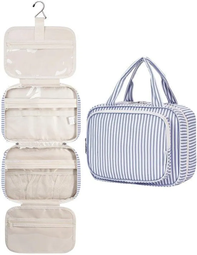 Trousse maquillage grise et bleue - Taille moyenne à rayures chic