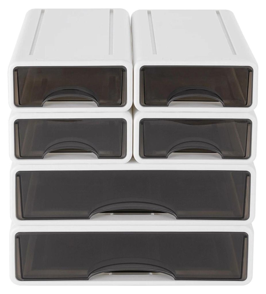 Schreibtisch Organizer - Schubladen-Aufbewahrungsbox - 6 Schubladen - Groß 34×25×9 cm - Klein 17×25×7,5 cm - Stapelbar - PP-Kunststoff - Weiß