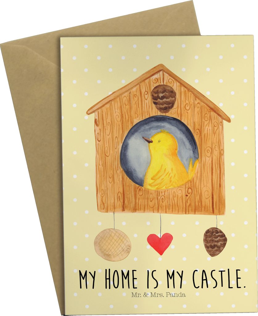Mr. & Mrs. Panda Grußkarte Vogel Haus - Gelb Pastell - Geschenk, Familie, hochzeitskarten, einladungskarten, Zuhause, weihnachtskarten, Castle, os...