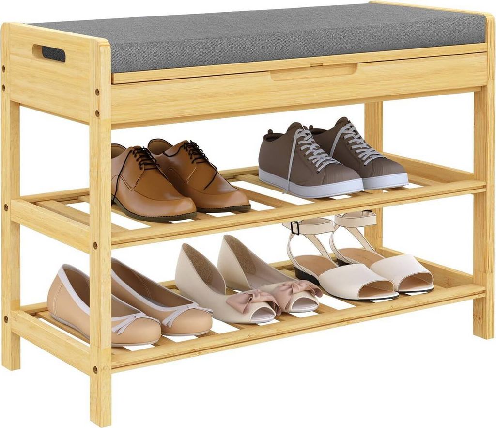 A wooden shoe rack with a padded seat is shown, displaying various types of footwear on its shelves.