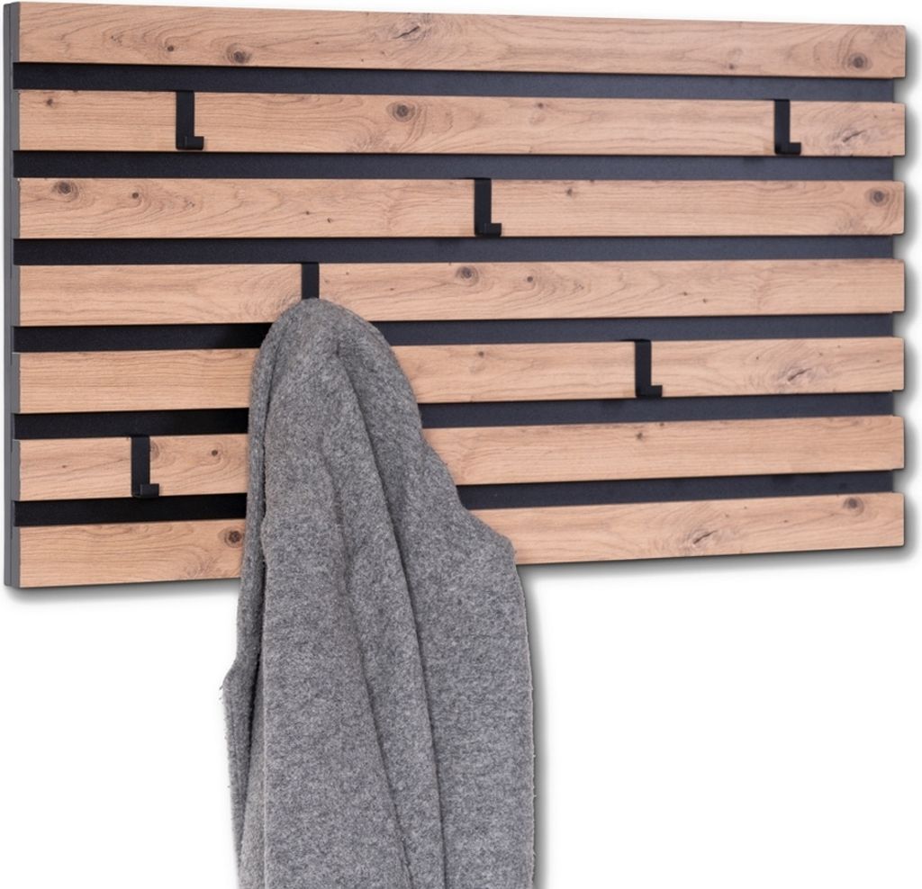 Garderobenpaneel >Tip 1< 6 Haken, 3D Artisaneiche Nachbildung, Metall schwarz - 80x40 (LxH)
