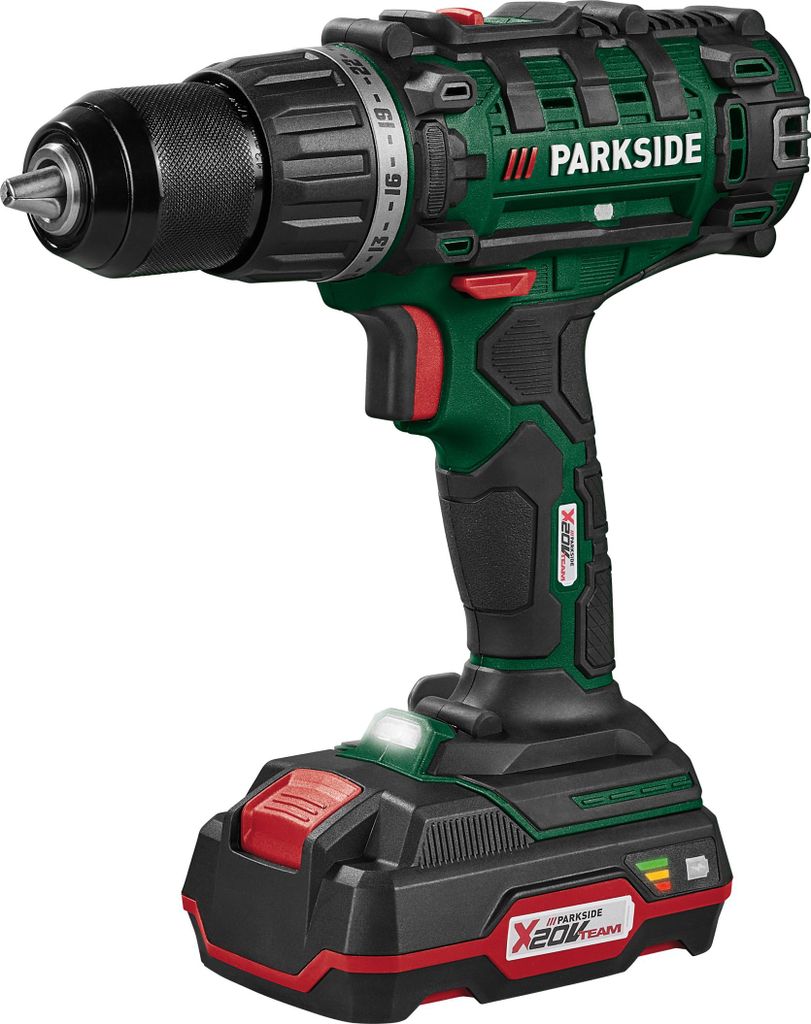 A cordless drill with battery and charger.