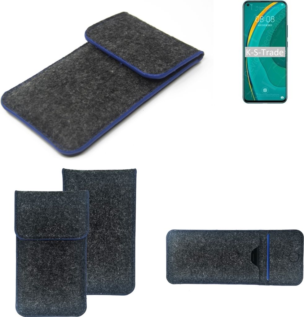 K-S-Trade Handy-Hülle Schutz-Hülle kompatibel mit Huawei nova 7 5G Filztasche Pouch Tasche Case Sleeve Filzhülle dunkelgrau, blauer Rand