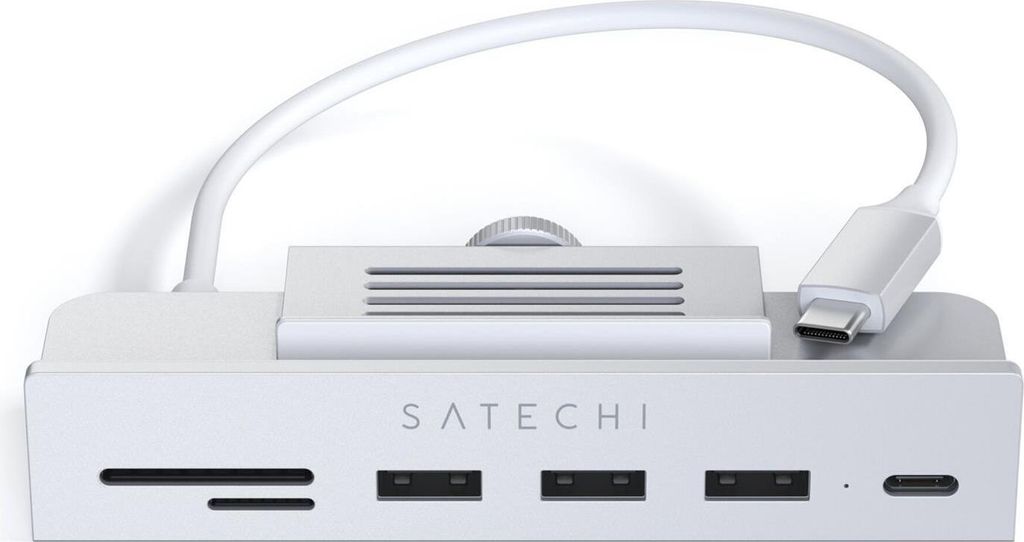 A Satechi USB-C hub for an iMac 24 is shown from the front.