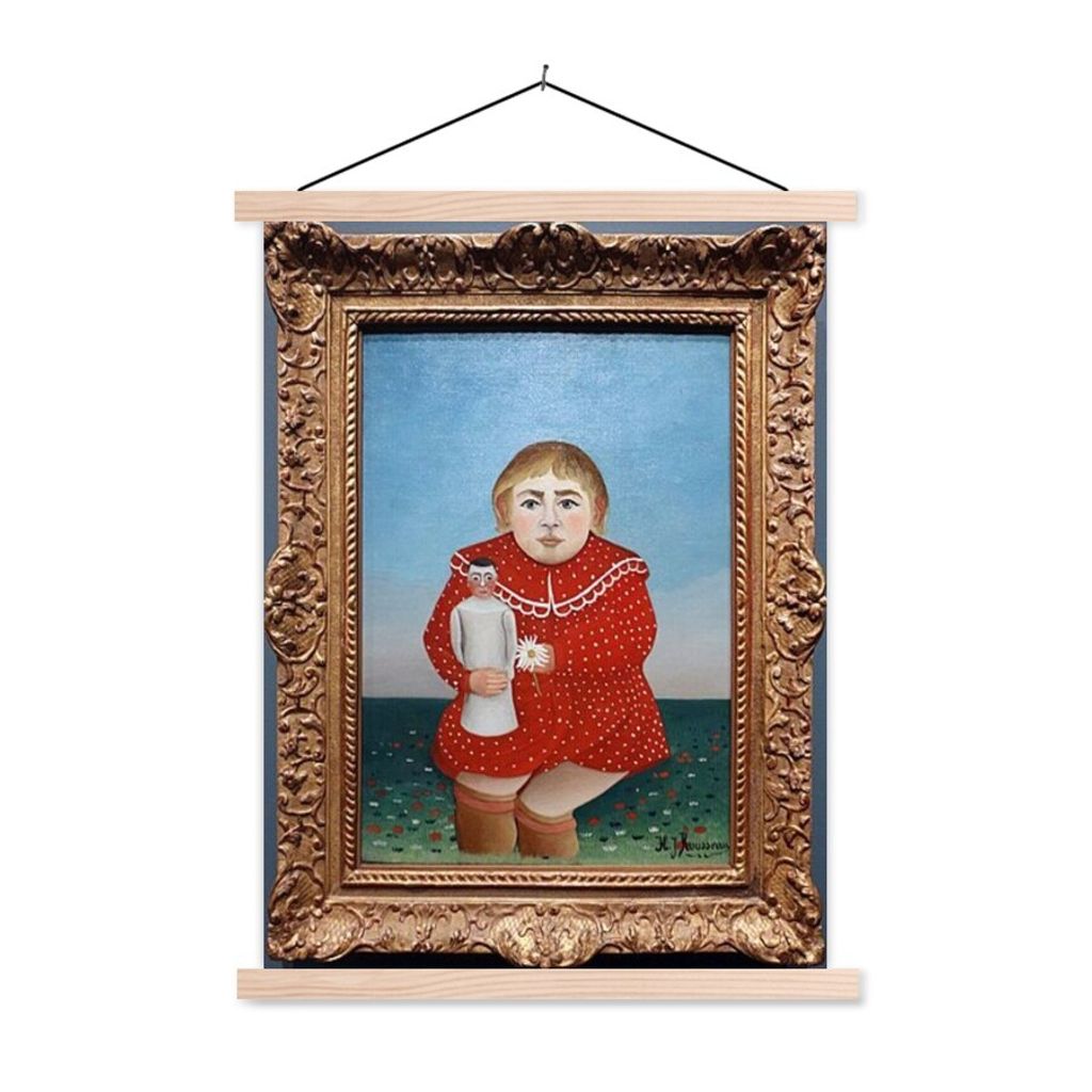 Textilposter - Kind mit der Puppe - Gemälde von Henri Rousseau - 60x80 cm - mit holzfarbenen Rahmen