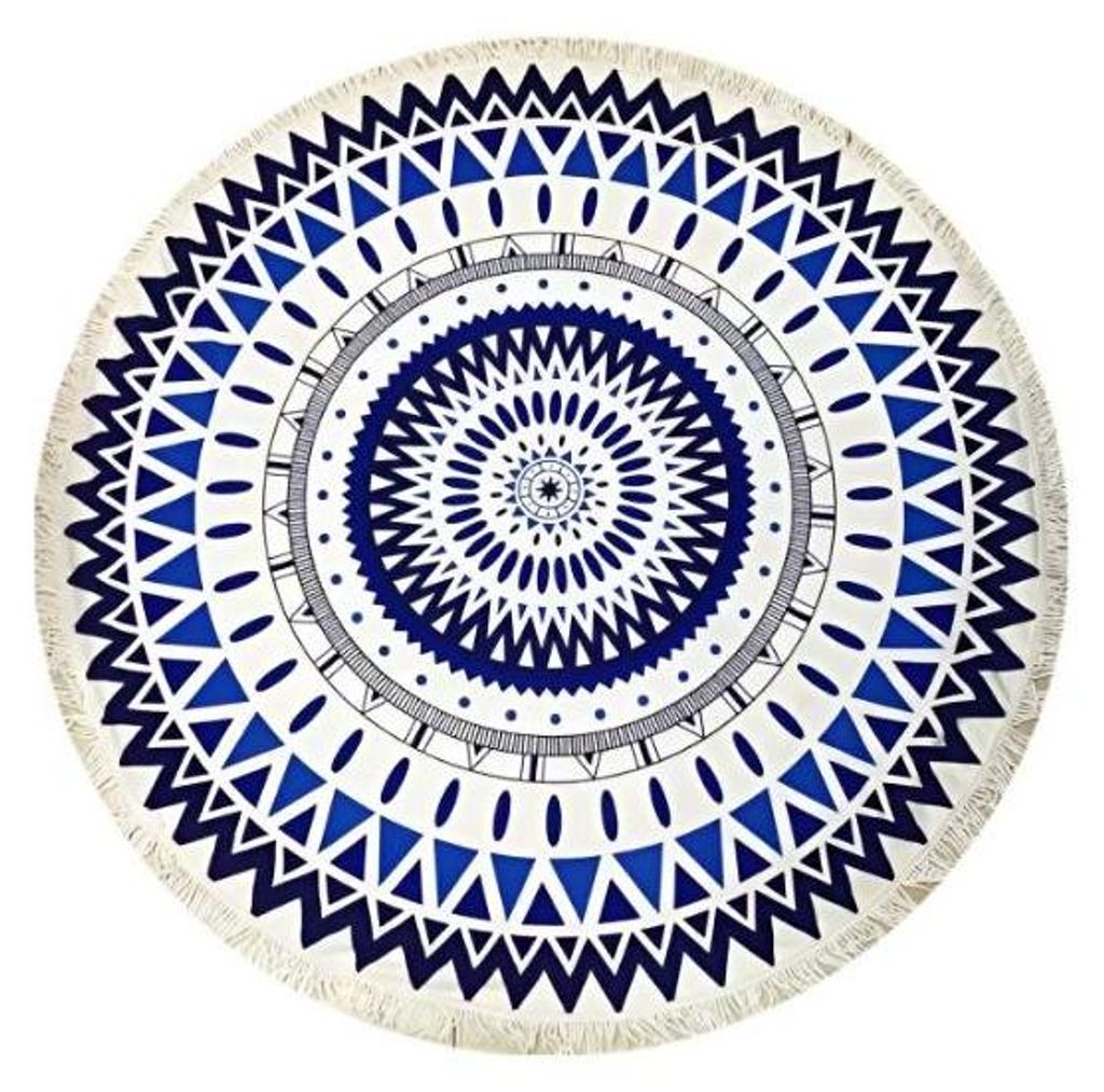 Rundes Strandtuch mit blau-weißem Mandala-Muster und Fransenkante