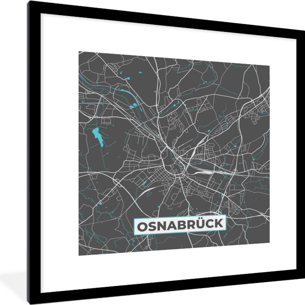 MuchoWow Gerahmtes Poster Stadtplan - Deutschland - Blau - Osnabrück - Karte 40x40 cm - Poster mit Schwarzem Bilderrahmen Wandposter Rahmen Foto...