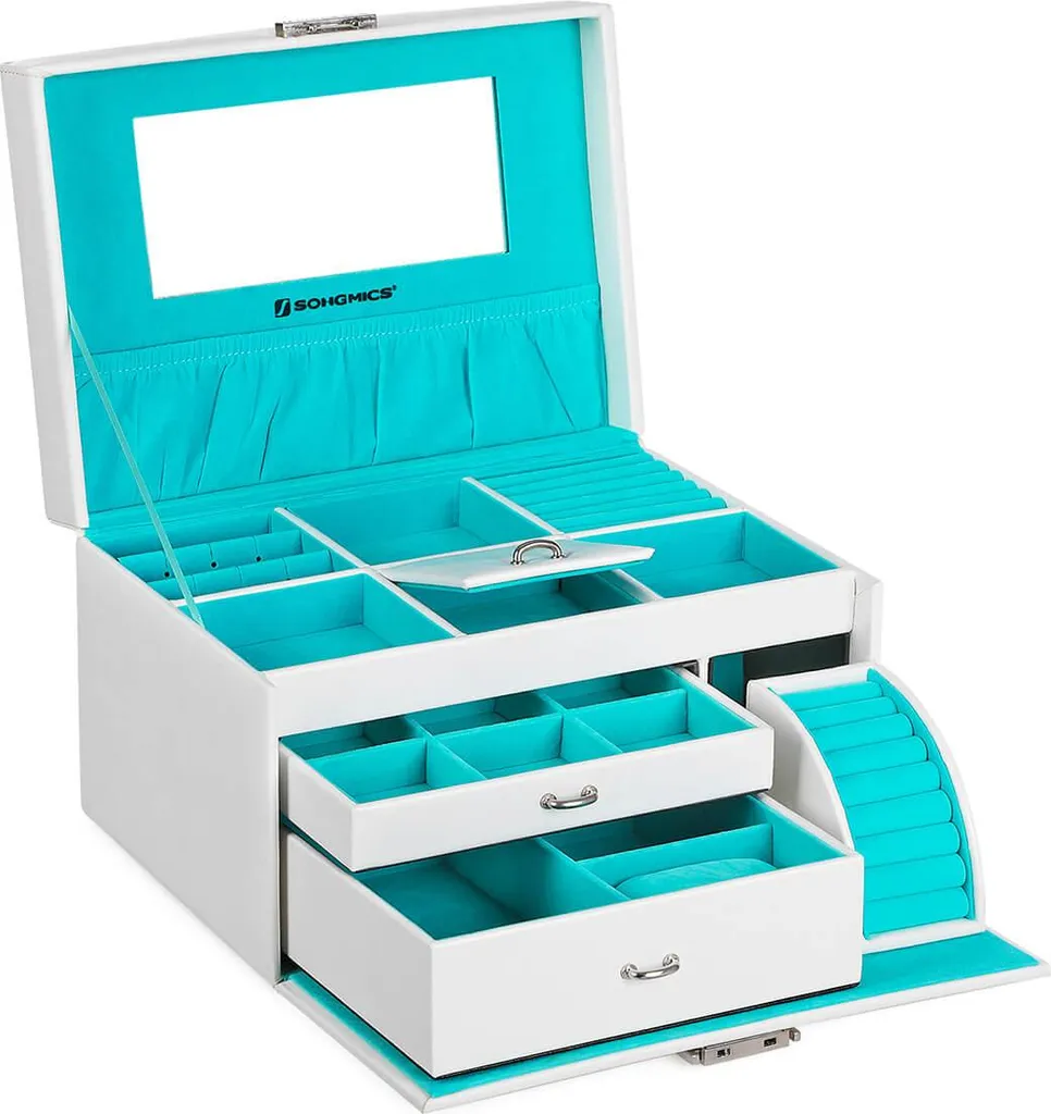 Coffret à bijoux blanc-turquoise multi-rangements avec doublure douce
