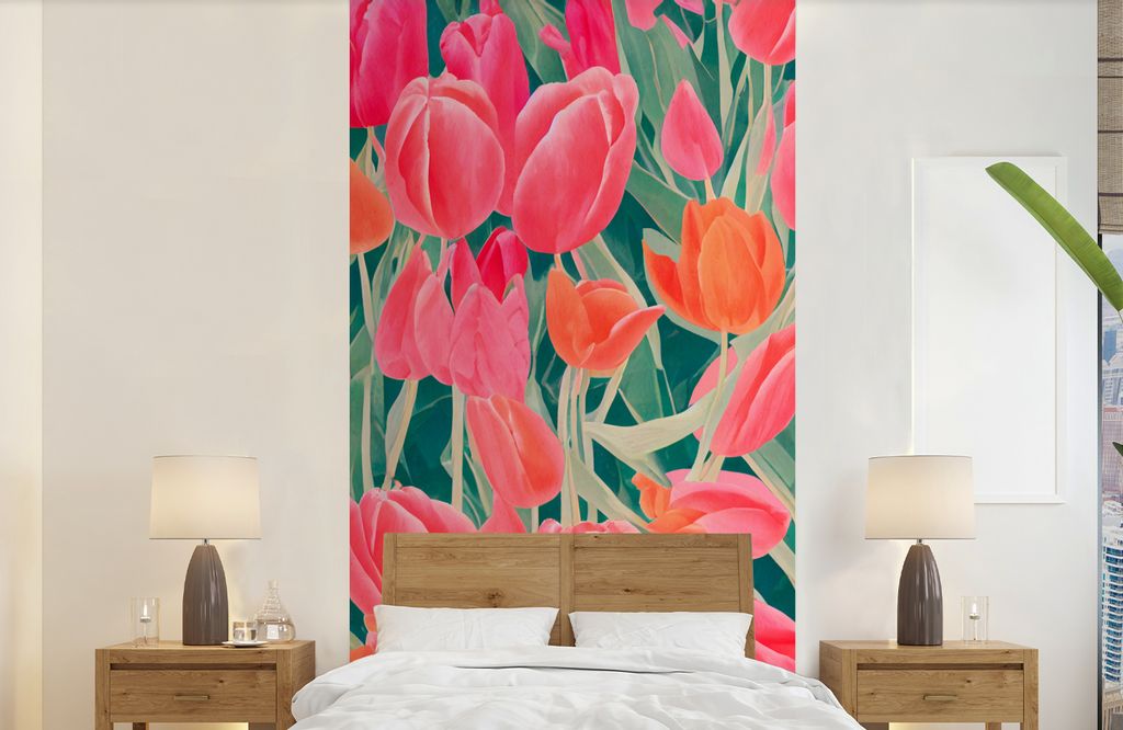 MuchoWow Fototapete für Wohnzimmer oder Schlafzimmer Wandtapete Vinyl Motivtapete Tulpen - Blumen - Rosa - Rot - Kunst - 120x240 cm - Hintergrun...