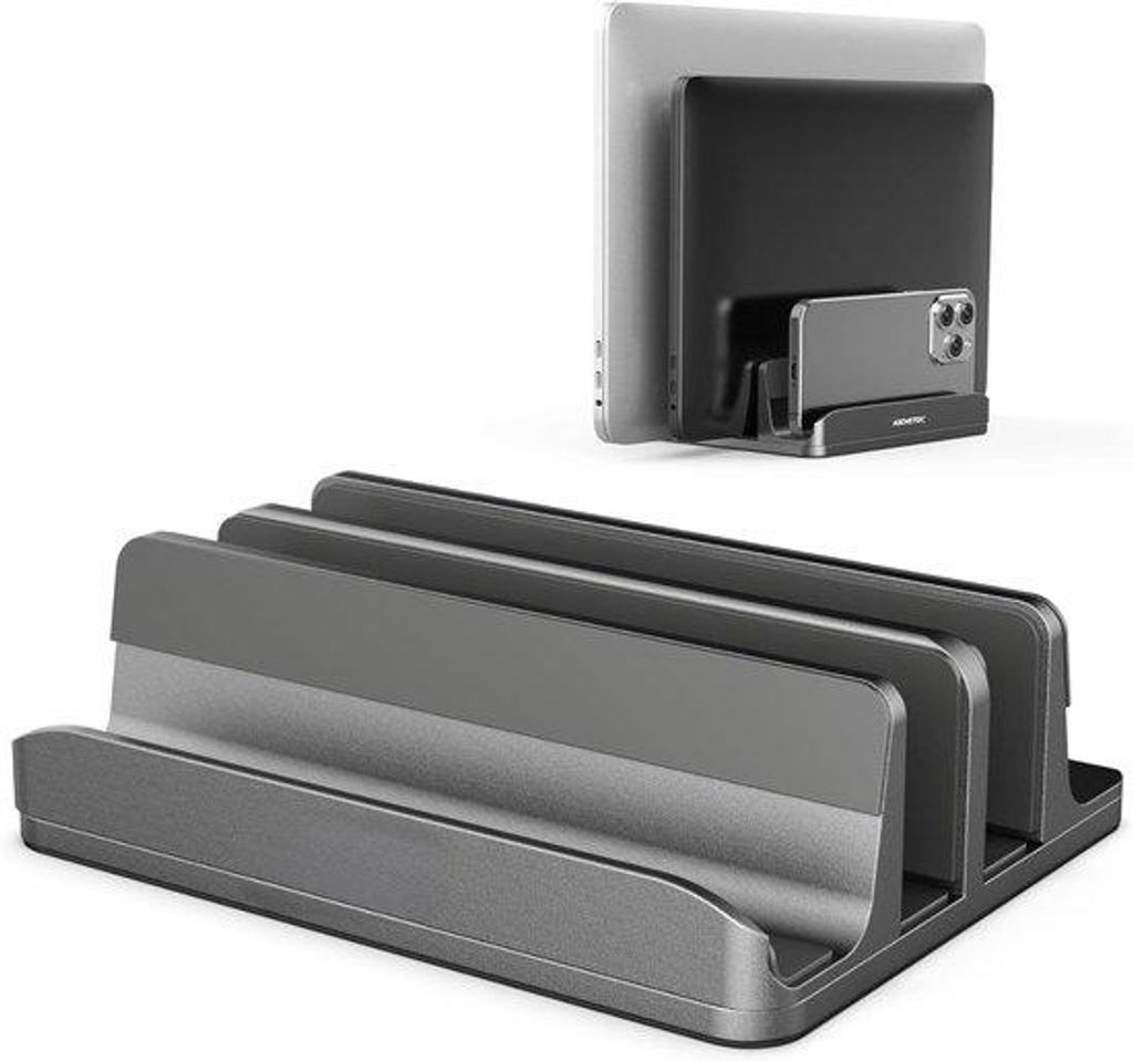 Famanu Laptopständer mit 3 Fächern für Computer, Tablet, Telefon - Passt für alle Laptopmodelle bis 17,3 Zoll - Aluminium Halter - Anti-Rutsch
