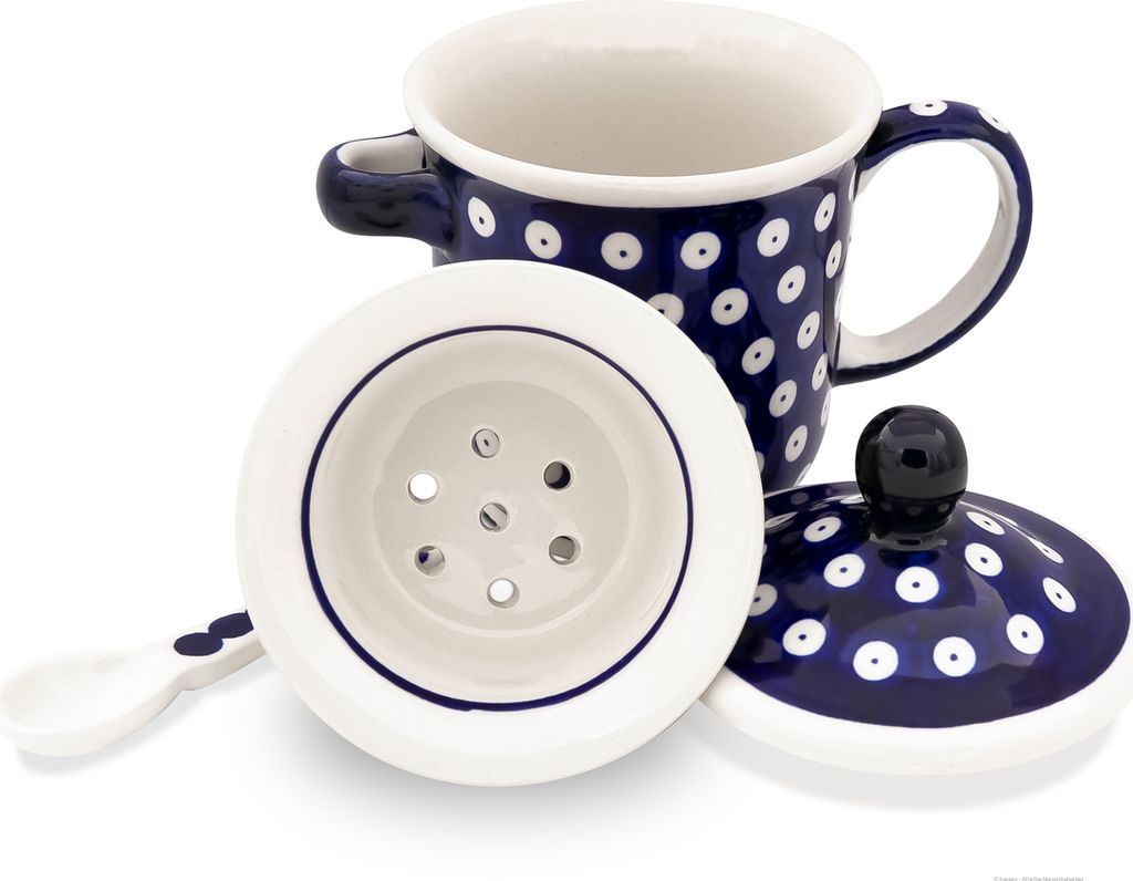 Original Bunzlauer Keramik 270ml Teebecher Teetasse mit Deckel, Teesieb, Löffel Dekor 42