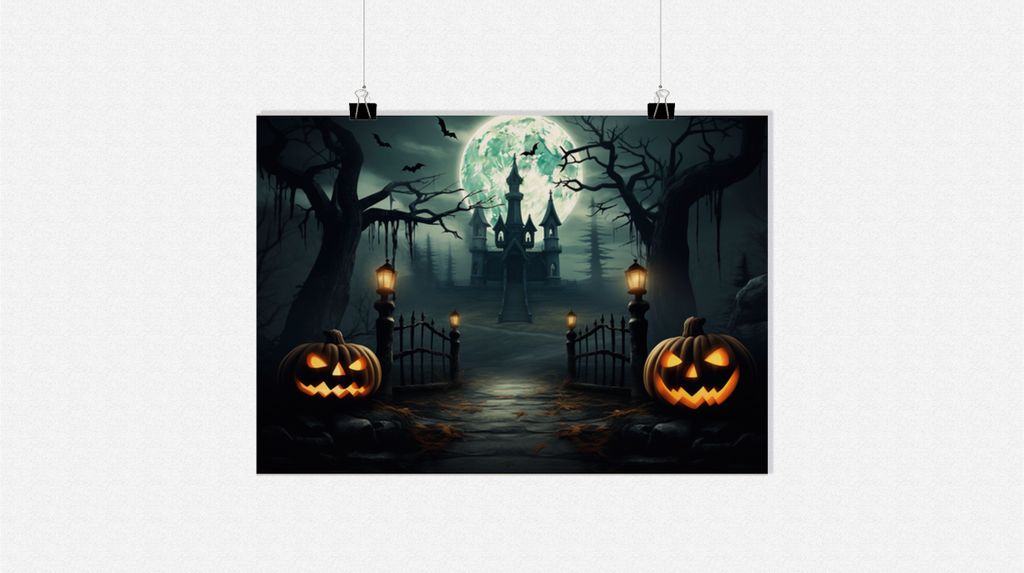 Halloween Poster - Schloss Poster - Vollmond Poster - Friedhof Poster - Gruseliges Poster - Fantasie Poster - 91x61cm - Perfekt zum Einrahmen