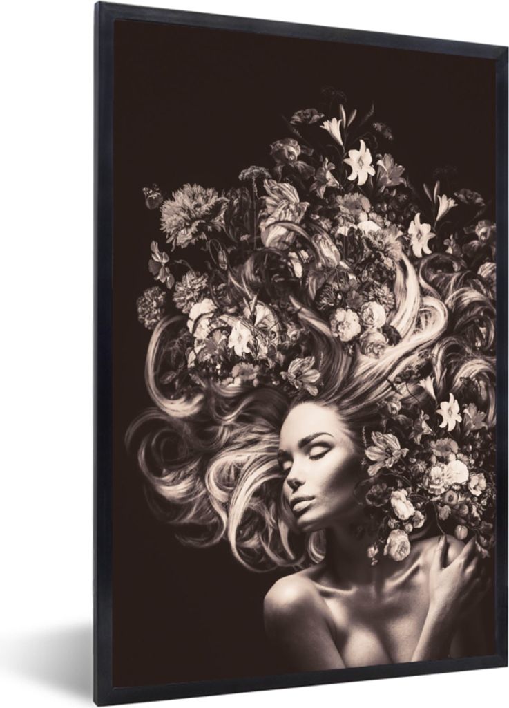 MuchoWow Gerahmtes Poster Blumen - Frau - Natur 60x90 cm - Poster mit Schwarzem Bilderrahmen Wandposter Rahmen Foto Bilder - Kunst