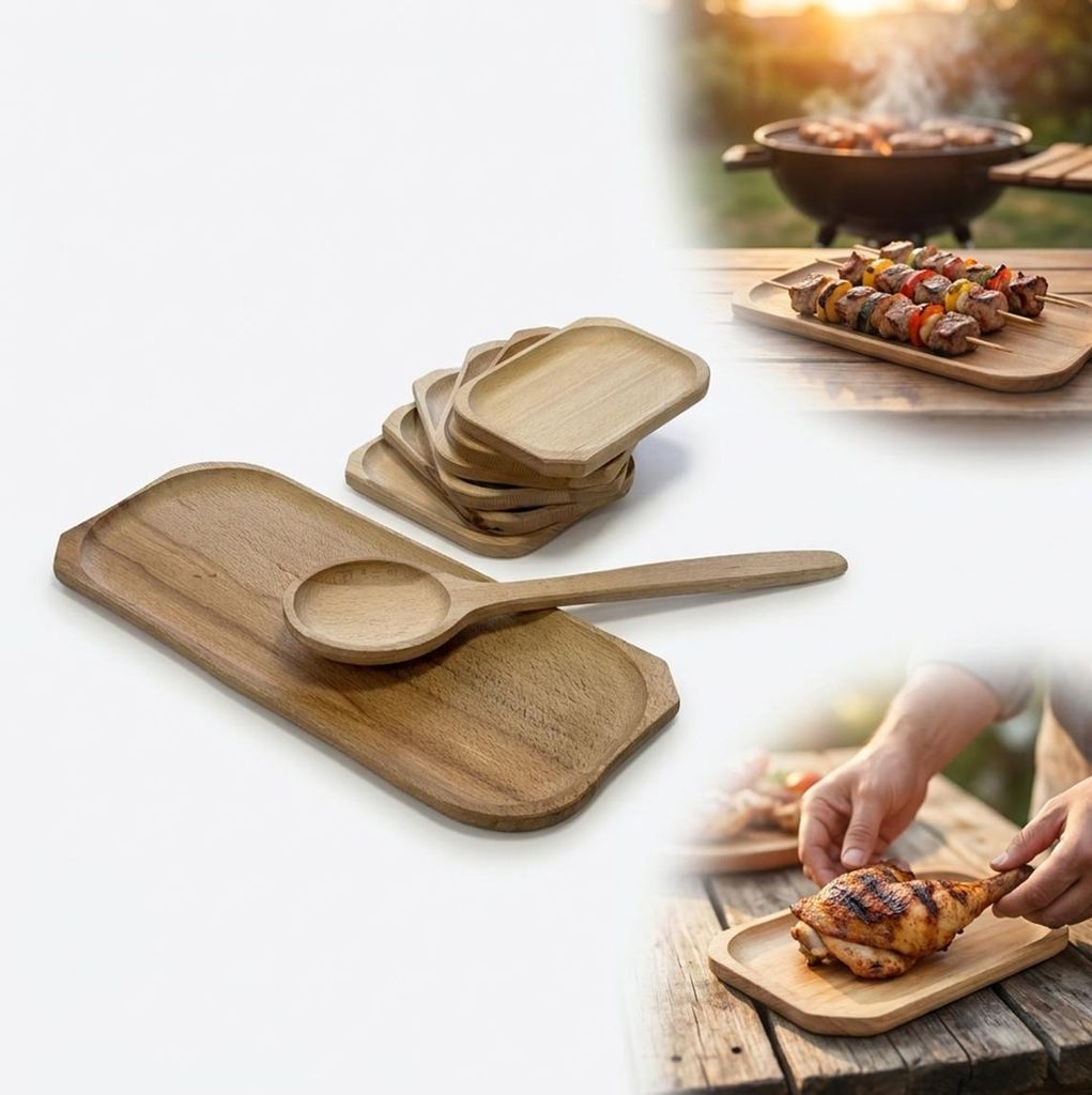 Set aus 6+1 Buchenholz-Servierplatten mit Holzlöffel für Produktbild 