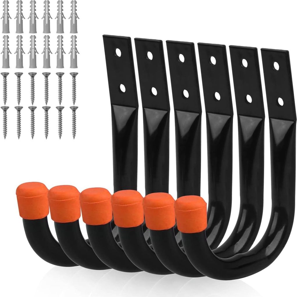 AnaTI 6 Wandhaken, 12 cm x 8,9 cm, für Garagenleitern, Schuppen, robuste Aufbewahrungshaken für Fahrräder, Klappstühle, Montagehaken-Set mit 24...