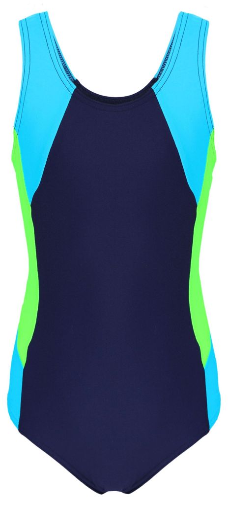 Aquarti Mädchen Badeanzug mit Ringerrücken, Farbe: Dunkelblau / Neongrün / Hellblau, Größe: 152