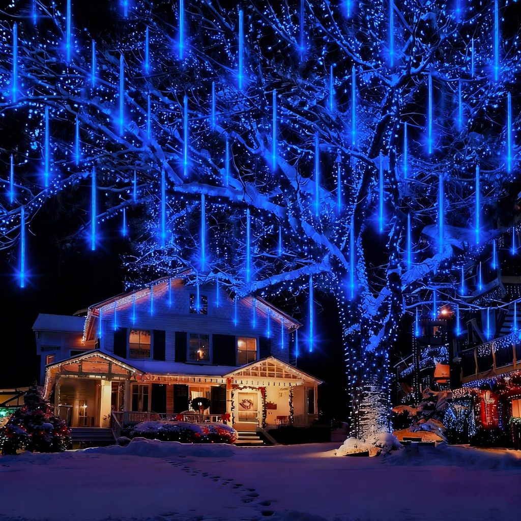 Meteorschauer lichterkette Innen, 192LED Meteorschauer Lichter IP65, 7V Weihnachtsbeleuchtung Deko für Fenster Baum Garten, Blau