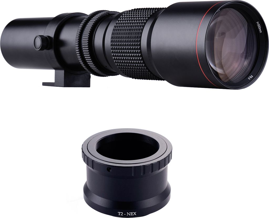 500 mm 1: 8,0-32 Mehrfach beschichtetes Super-Teleobjektiv Handbuch Zoom + T-Mount auf NEX E-Mount Adapterring-Kit Ersatz fuer A9 A7 A7R A7S A5000...