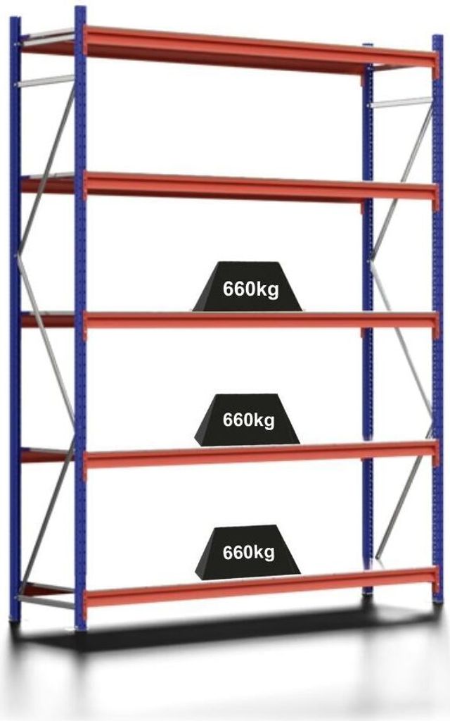 Weitspannregal MOOSE Stecksystem Omega-Profil | Grundregal | HxBxT 300x222x60cm | 5 Ebenen | Spanplatten-Fachboden | Fachlast 660kg | Enzianblau/Re...