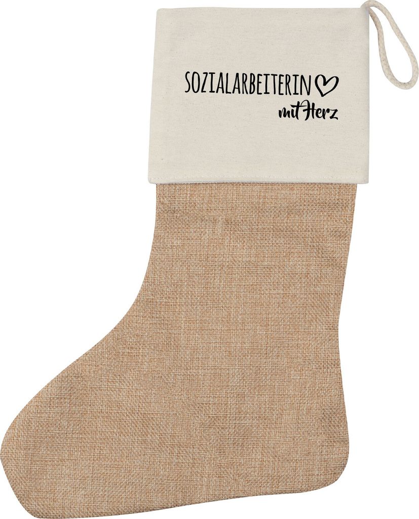 Huuraa Weihnachtsstrumpf Sozialarbeiterin mit Herz Beige Jute Kaminstrumpf Geschenkidee