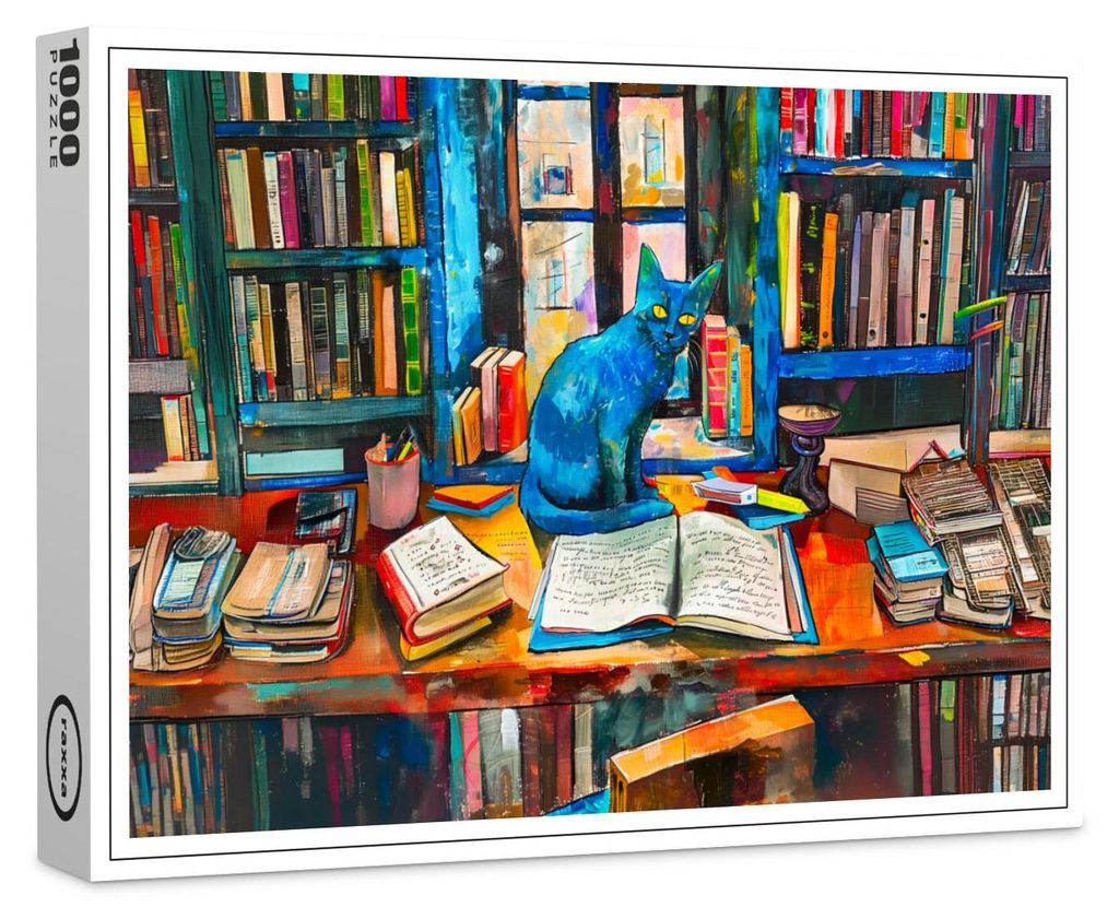 raxxa Premium-Puzzle "Cat sitting Among Open Books on table", 1000 Teile