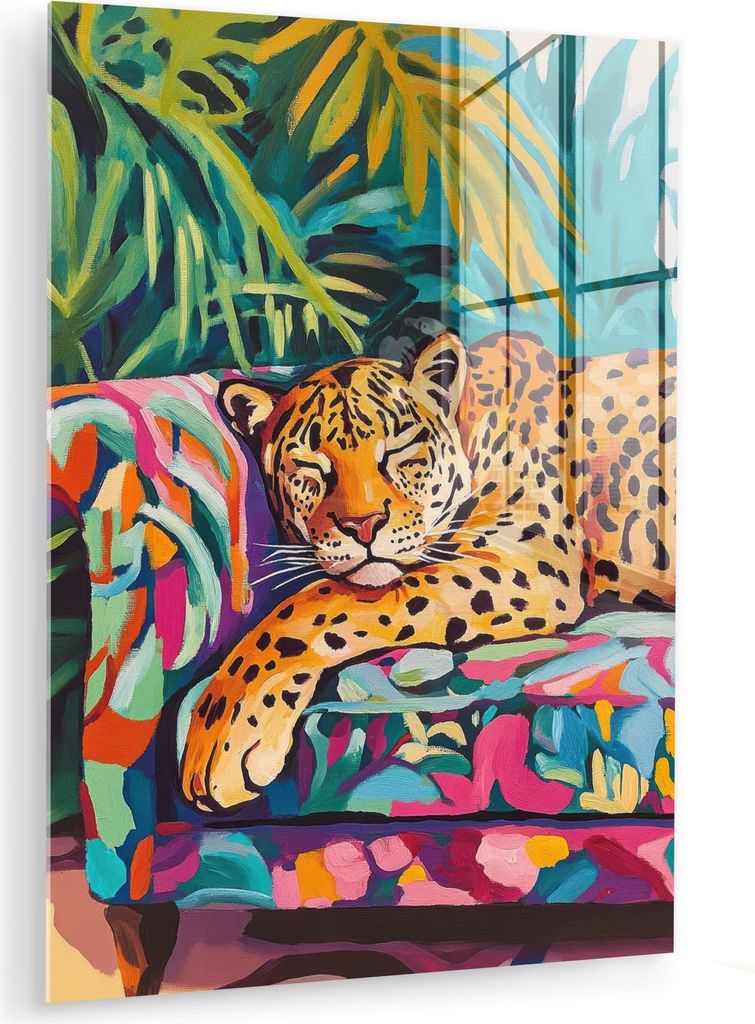MuchoWow Glasbilder - Bilder auf Wandbild - Foto auf Glas Leopard - Bunt - Tropisch 60x80 cm Wanddekoration aus Glas - Acrylglasbild - Acrylbilder ...