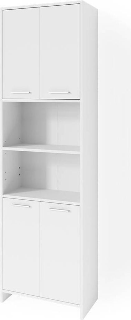 A white cabinet with doors and shelves against a white background.