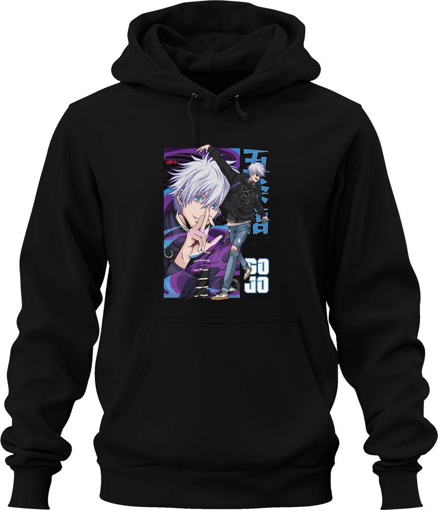 Satoru Gojo Jujutsu Kaisen weißes Haar Haar blaue Augen Fan Uni Hoodie Kapuzenpullover, Schwarz, L