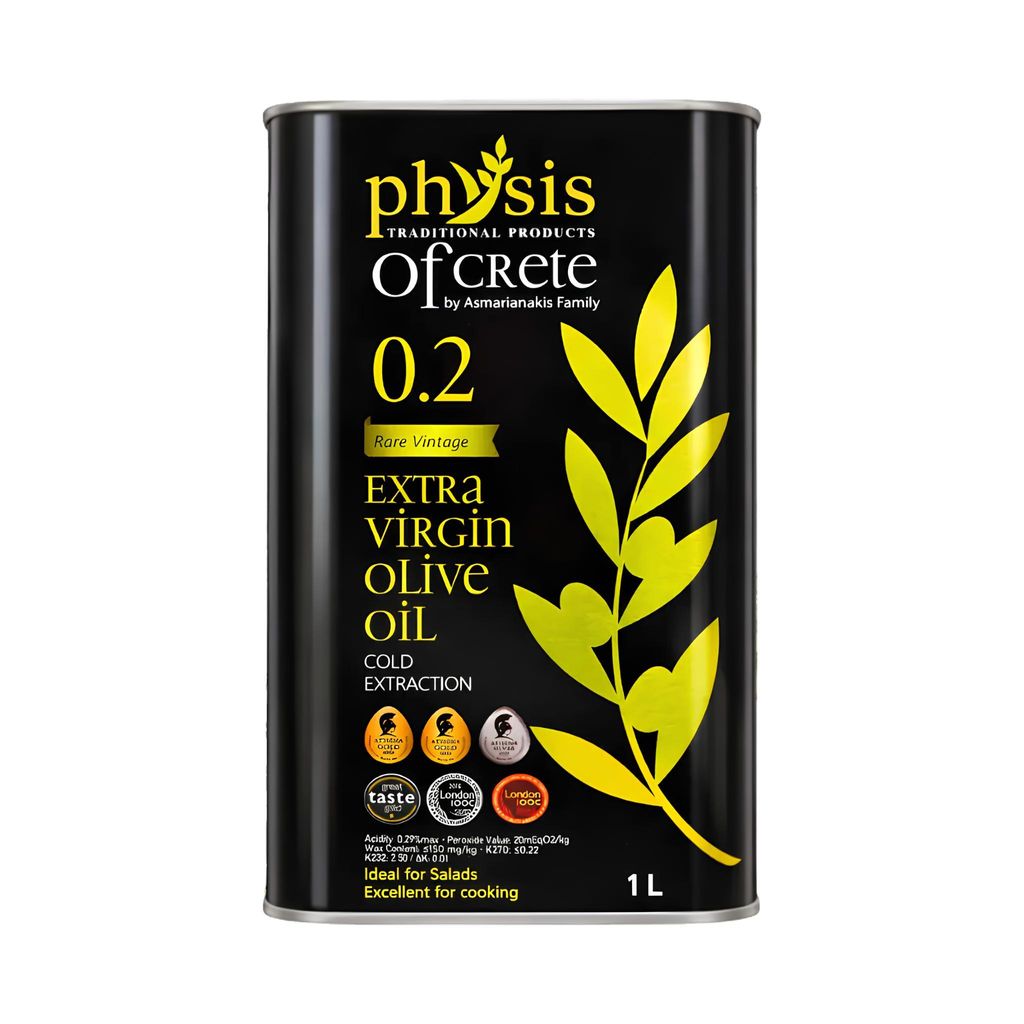 Schwarze Blechdose Olivenöl „Physis of Crete 0.2“ auf weißem Hintergrund