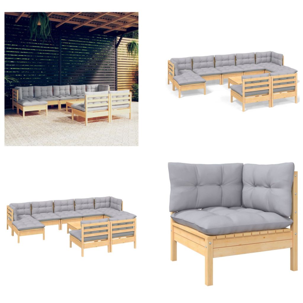 vidaXL 10 tlg. Garten Lounge Set mit Grauen Kissen Kiefernholz - Garten-Lounge-Set - Garten-Lounge-Sets - Gartenmöbel-Set - Gartenmöbel-Sets
