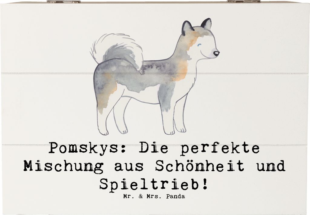 Mr. & Mrs. Panda Geschenkbox Pomsky Perfektion 22 x 15 cm - Weiß - Geschenk, Box, Schatulle, Perfekte Mischung, Spieltrieb, Holzbox mit Deckel, Sc...