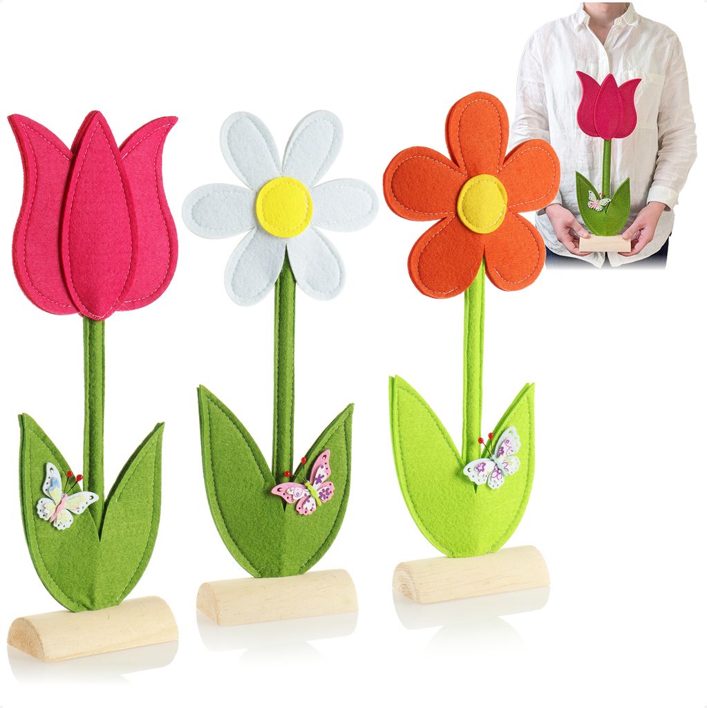 com-four 3x Deko Aufsteller für Ostern und Frühling - Niedliche Filz-Blumen - Osterdeko zum Hinstellen - Osterdekoration aus Holz und Filz