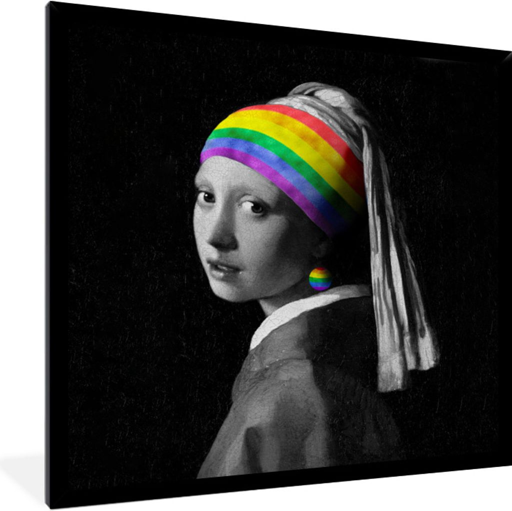 MuchoWow Gerahmtes Poster Das Mädchen mit dem Perlenohrring - Vermeer - Regenbogen 40x40 cm - Poster mit Schwarzem Bilderrahmen Wandposter Rahme...