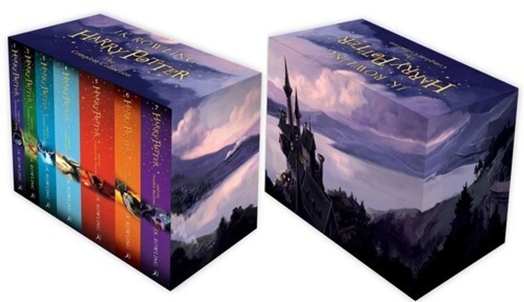 A box set of Harry Potter books with a fantasy castle illustration on the packaging.