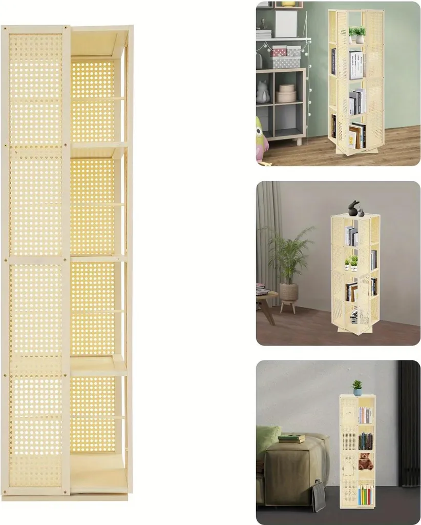 Rangement livres pivotant 4 niveaux gain de place blanc aspect rotin