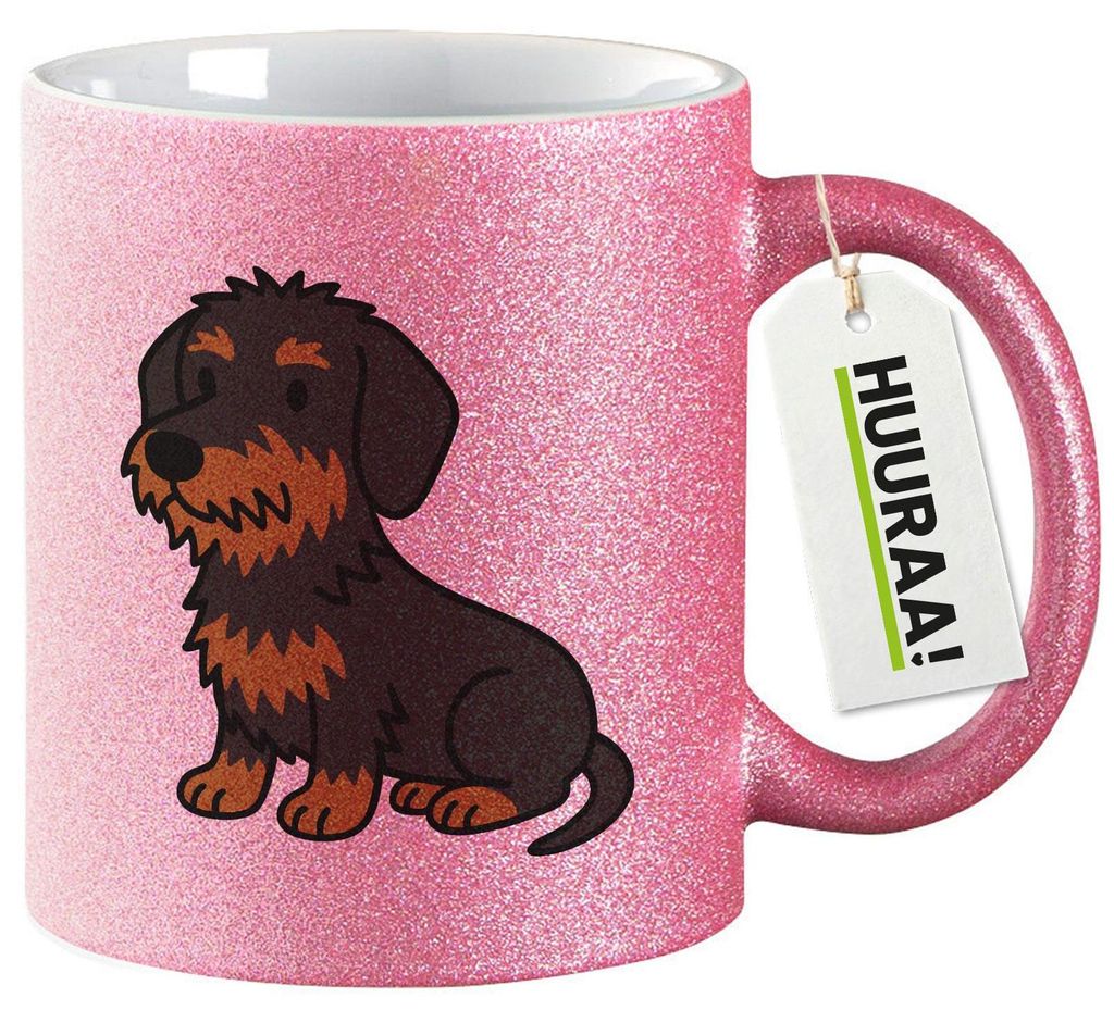 Huuraa Glitzertasse Rauhaar Dackel Sausage Dog Comic 330ml Pink Keramik Kaffeebecher Geschenkidee