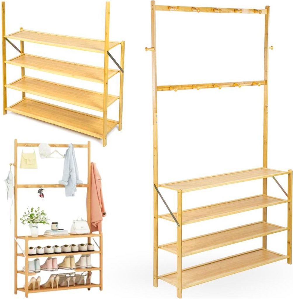Bambus-Kleiderbügel, Schuhregal, Regal, Garderobe, 4 Regale, Haken, Schuhe