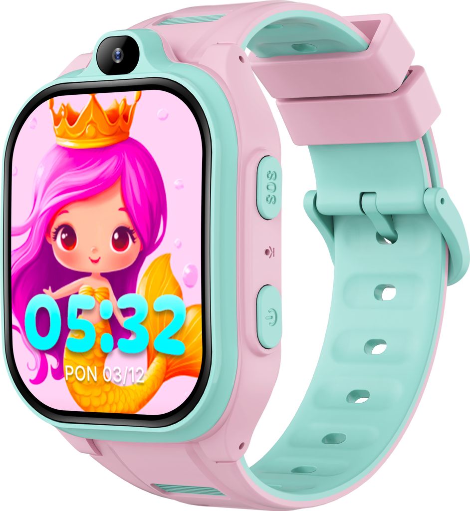 A close-up view of a pink and teal smartwatch for children, displaying a cartoon mermaid on its screen.