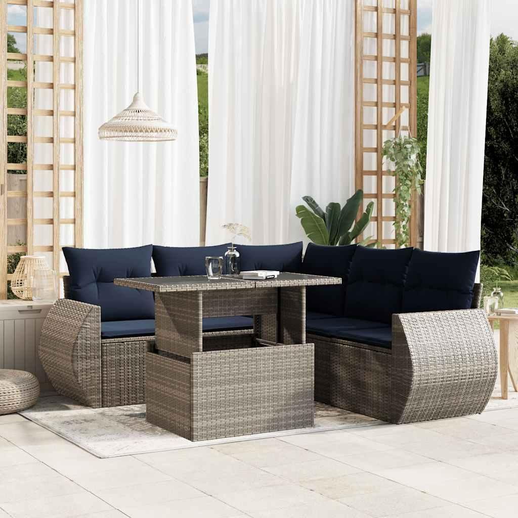 Möbel 6-teiliges Gartensofa-Set mit Kissen, grau, Polyrattan - Gartenmöbelgarnituren CC4397