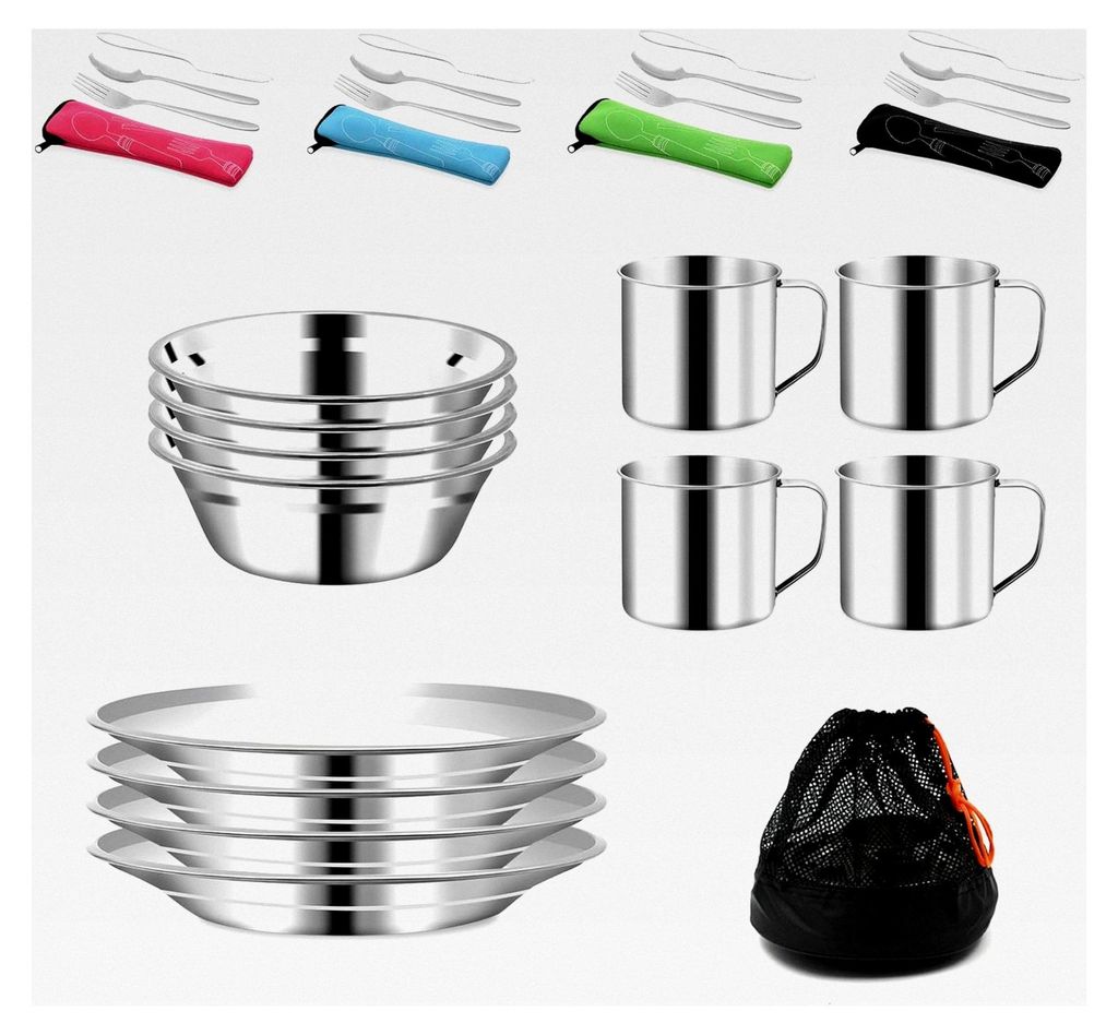 29-teiliges Edelstahl-Utensilien-Set mit Schüsseln, Tellern, Bechern, Gabeln, Löffeln und Messern für 4 Personen