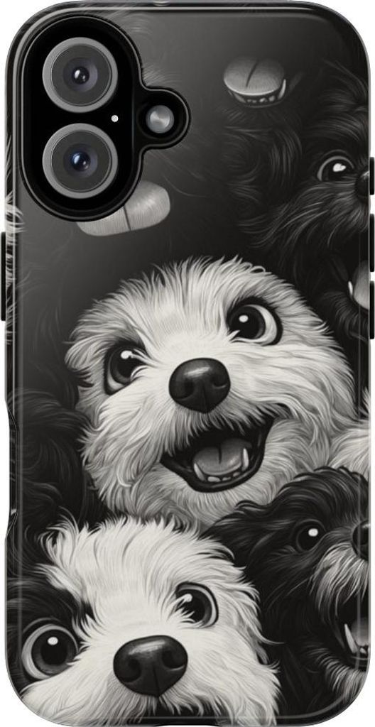 Fröhliche Hunde-Gesichter in Schwarz-Weiß – Hülle Kompatibel mit iPhone 16