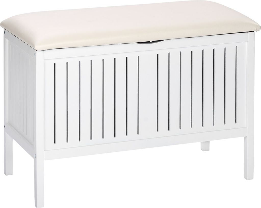 A white storage bench with a cream upholstered top, shown against a white background.