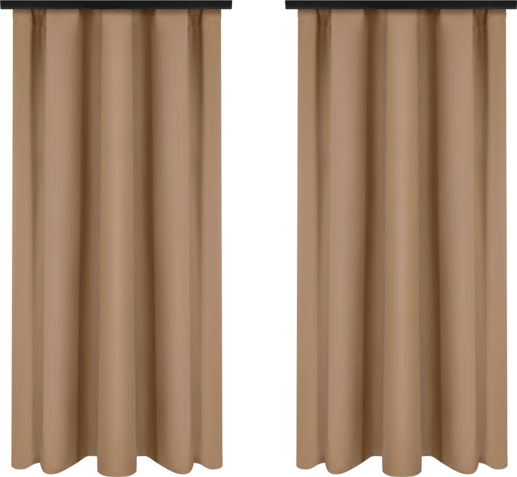 Two beige curtains hanging from a rod.